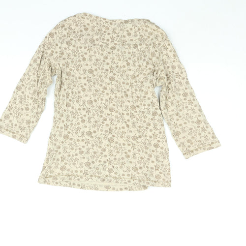 M&Co Womens Beige Floral Cotton Basic T-Shirt Size S Round Neck - Button Detail