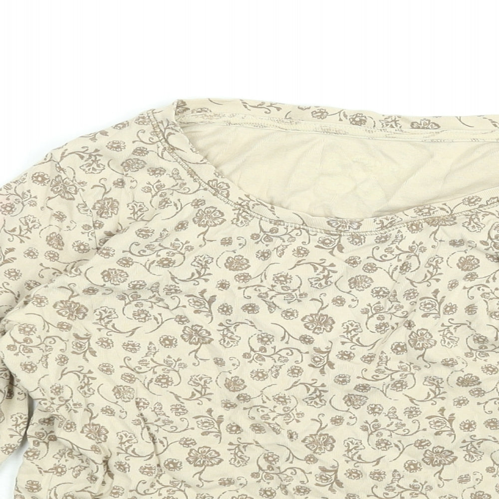 M&Co Womens Beige Floral Cotton Basic T-Shirt Size S Round Neck - Button Detail