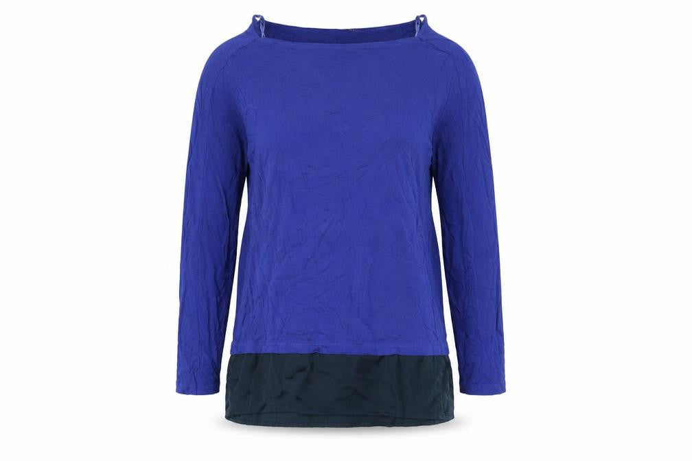 Front view of Marks & Spencer women’s blue viscose basic blouse, size UK 14, square neck
