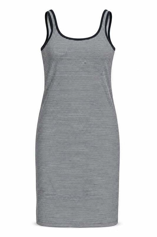 Front view of Blooming Marvellous women’s blue striped viscose tank dress, size UK 14, scoop neck pullover