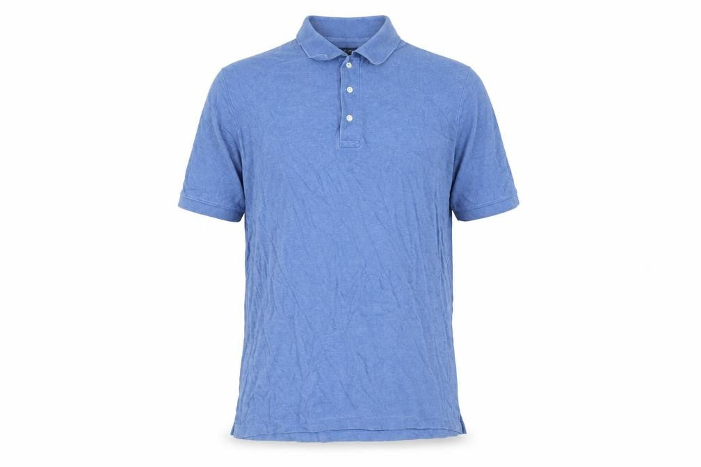 Front view of Lands' End men’s blue cotton polo, size L, collared button