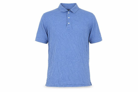 Front view of Lands' End men’s blue cotton polo, size L, collared button