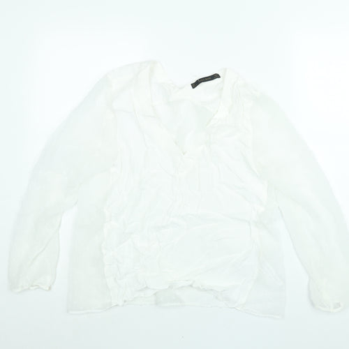 Zara Womens White Polyester Basic Blouse Size L V-Neck - Semi Sheer