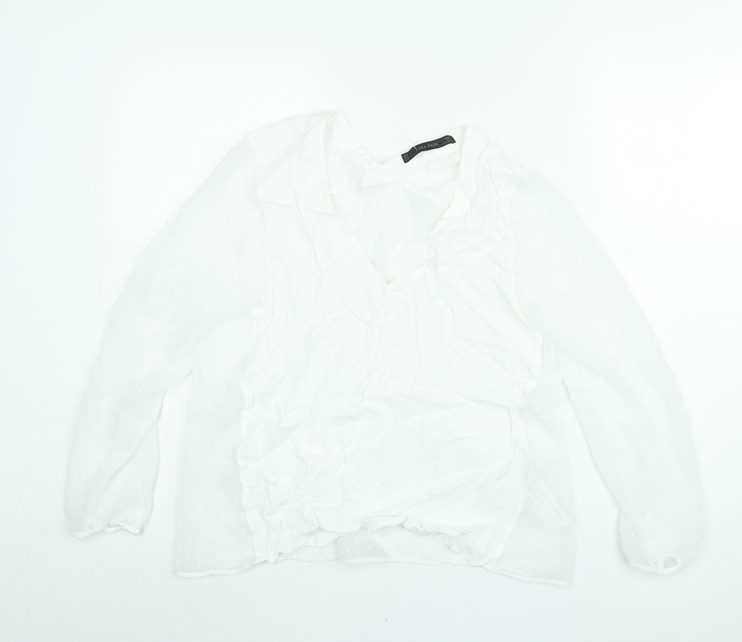 Zara Womens White Polyester Basic Blouse Size L V-Neck - Semi Sheer