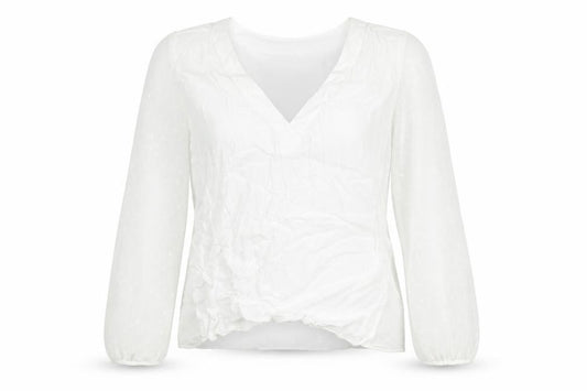 Front view of Zara women’s white polyester basic blouse, size L, v-neck - semi sheer