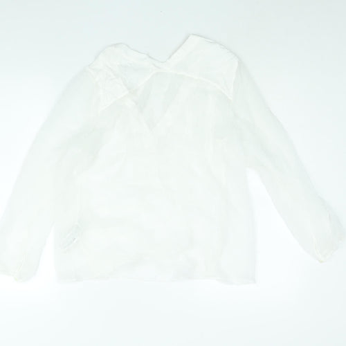 Zara Womens White Polyester Basic Blouse Size L V-Neck - Semi Sheer