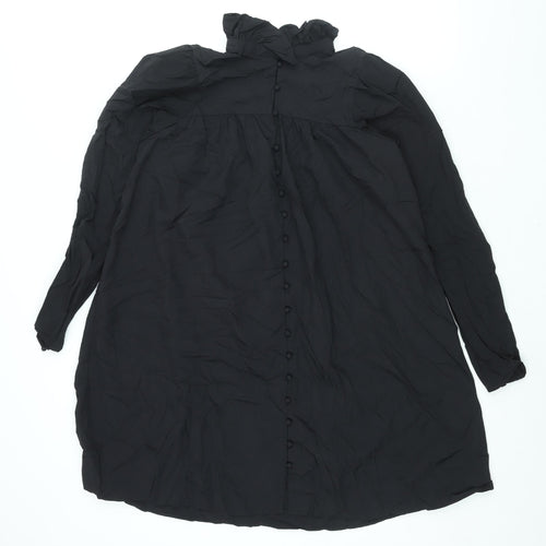 H&M Womens Black Polyamide Shift Size S Mock Neck Button - Smocked Frill
