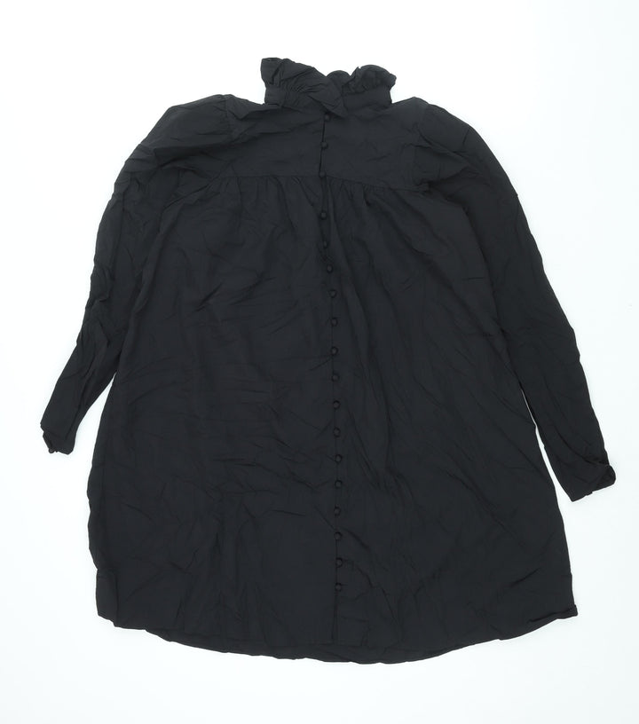 H&M Womens Black Polyamide Shift Size S Mock Neck Button - Smocked Frill