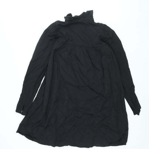 H&M Womens Black Polyamide Shift Size S Mock Neck Button - Smocked Frill