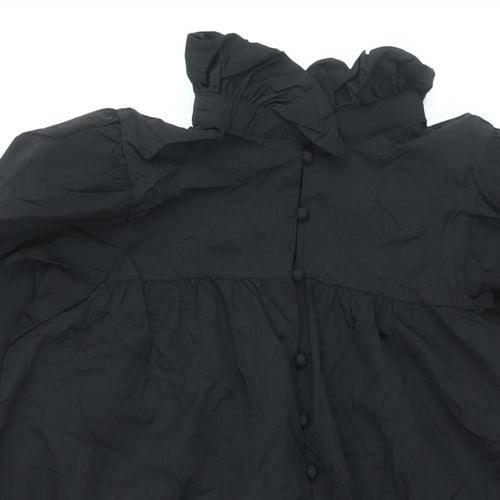 H&M Womens Black Polyamide Shift Size S Mock Neck Button - Smocked Frill