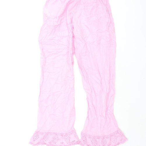 Zara Womens Pink Cotton Cropped Trousers Size M L26 in Regular Drawstring - Lace Hem