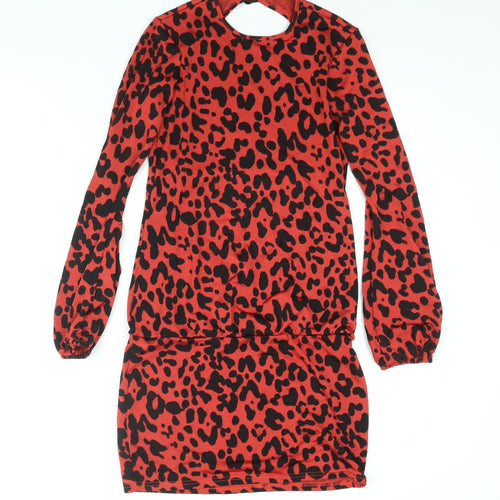 ASOS Womens Red Animal Print Polyester Mini Size 8 Round Neck Button - Backless