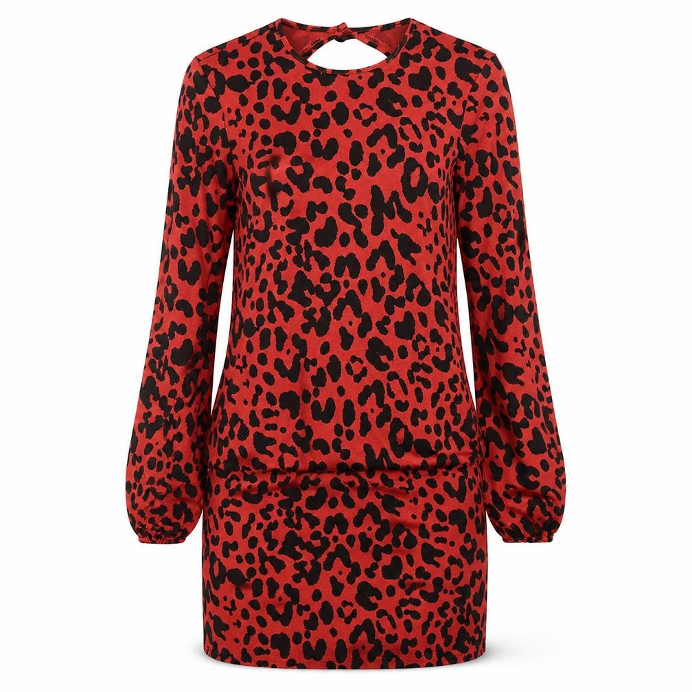 Front view of ASOS women’s red animal print polyester mini, size UK 8, round neck button - backless