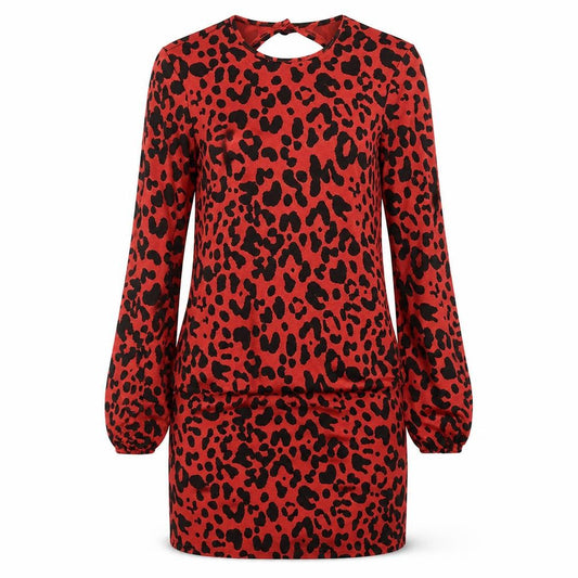 Front view of ASOS women’s red animal print polyester mini, size UK 8, round neck button - backless