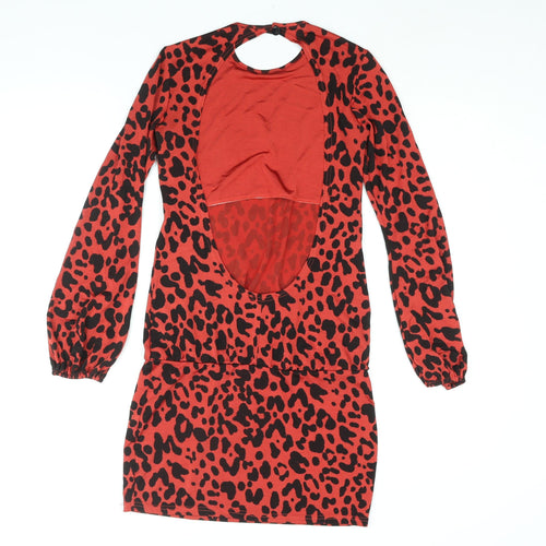 ASOS Womens Red Animal Print Polyester Mini Size 8 Round Neck Button - Backless