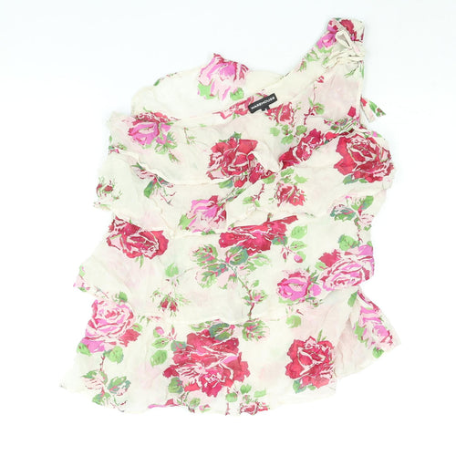 Warehouse Womens Beige Floral Silk Basic Blouse Size 16 One Shoulder - Layered Frill