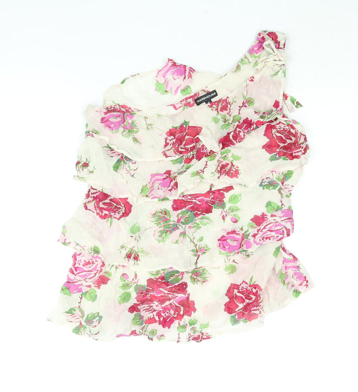 Warehouse Womens Beige Floral Silk Basic Blouse Size 16 One Shoulder - Layered Frill
