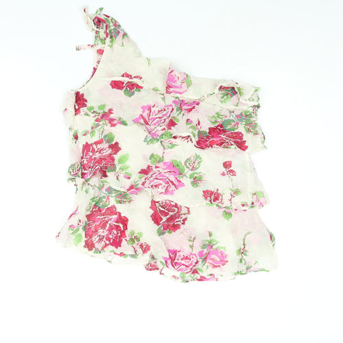 Warehouse Womens Beige Floral Silk Basic Blouse Size 16 One Shoulder - Layered Frill