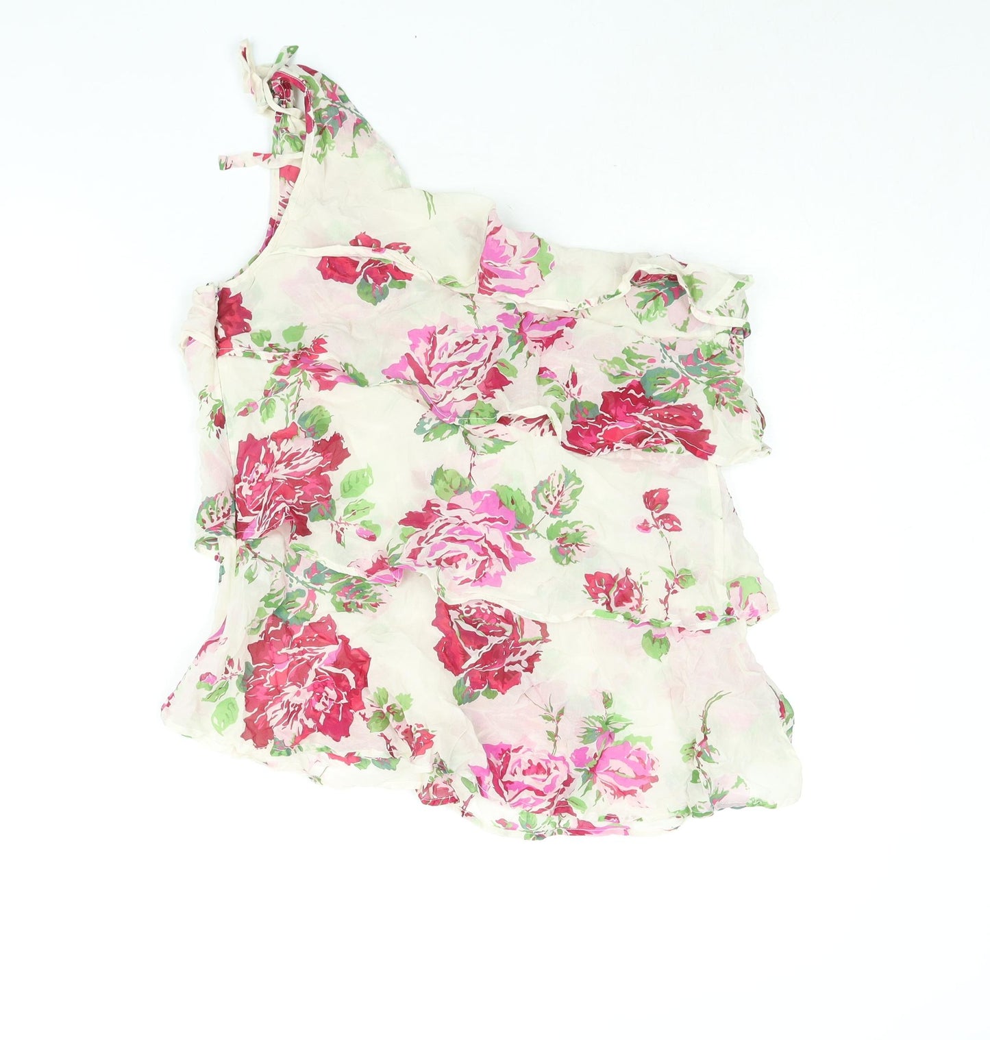 Warehouse Womens Beige Floral Silk Basic Blouse Size 16 One Shoulder - Layered Frill