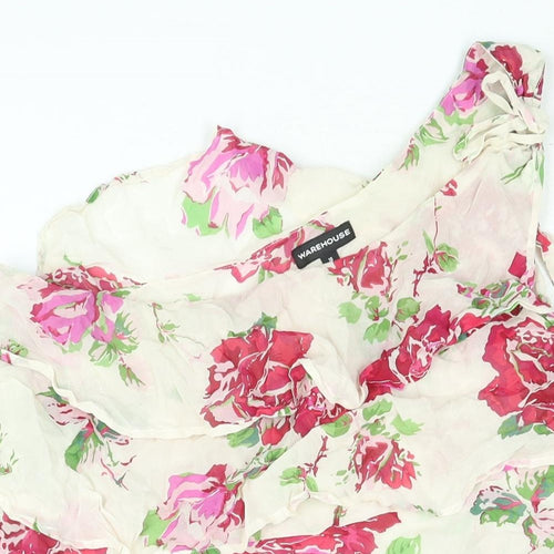 Warehouse Womens Beige Floral Silk Basic Blouse Size 16 One Shoulder - Layered Frill