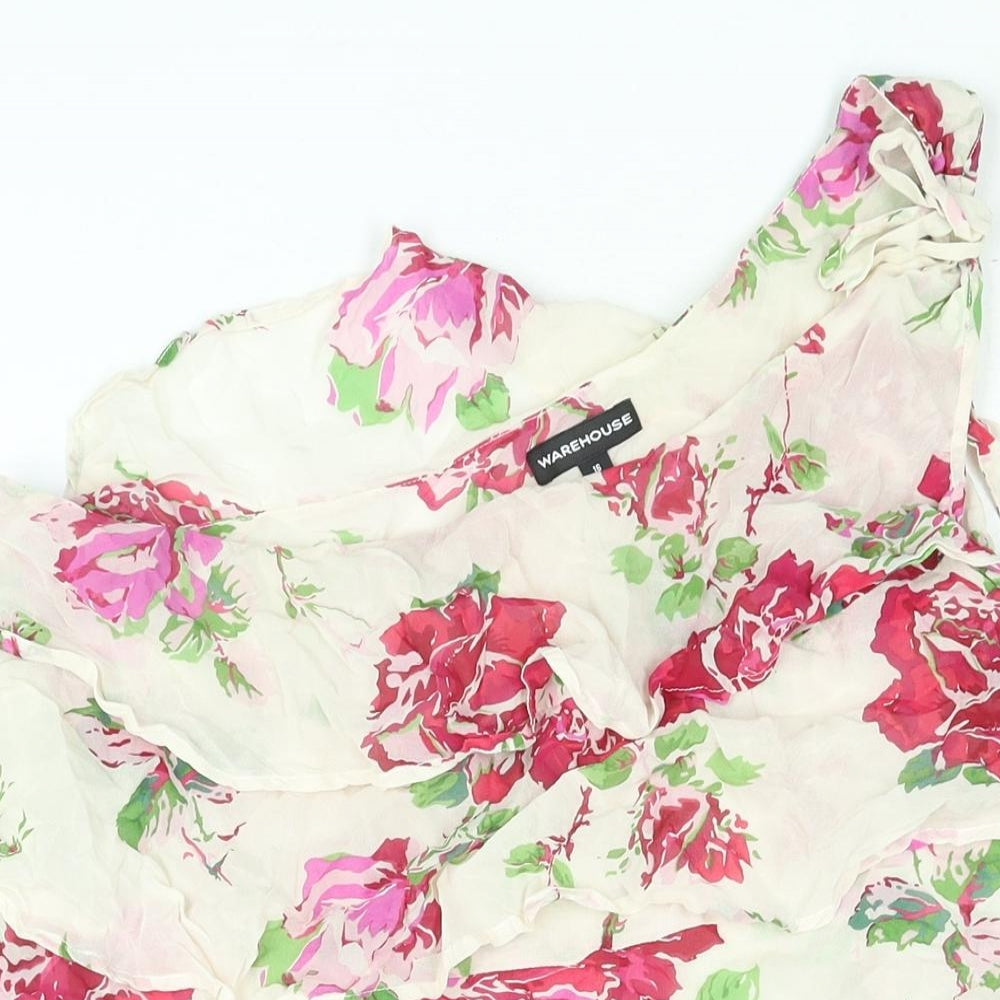 Warehouse Womens Beige Floral Silk Basic Blouse Size 16 One Shoulder - Layered Frill