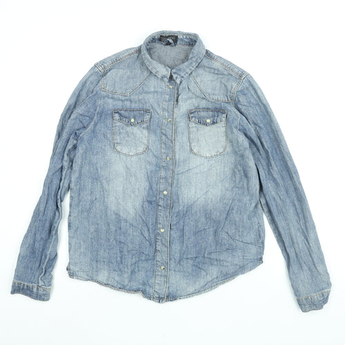 Topshop Womens Blue Cotton Basic Button-Up Size 12 Collared