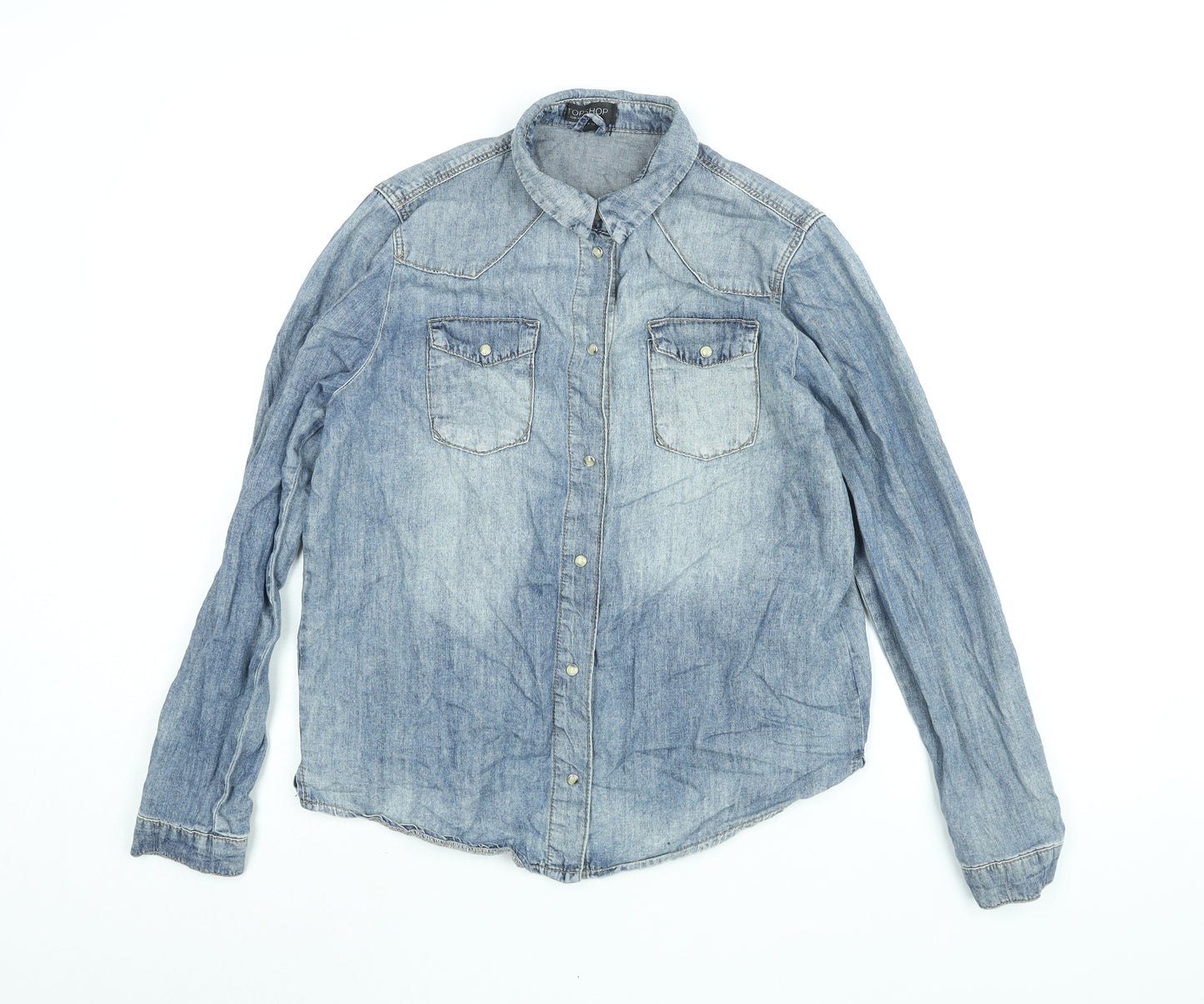 Topshop Womens Blue Cotton Basic Button-Up Size 12 Collared