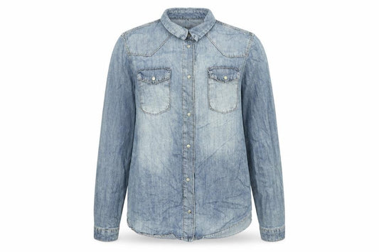 Front view of Topshop women’s blue cotton basic button-up, size UK 12, collared