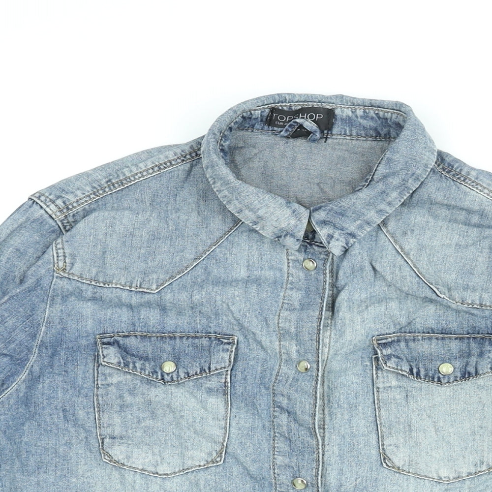 Topshop Womens Blue Cotton Basic Button-Up Size 12 Collared