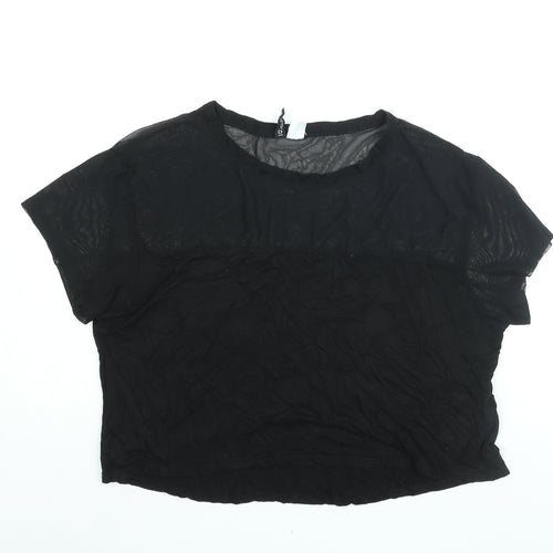Divided by H&M Womens Black Viscose Cropped Blouse Size M Round Neck - Mesh Panel
