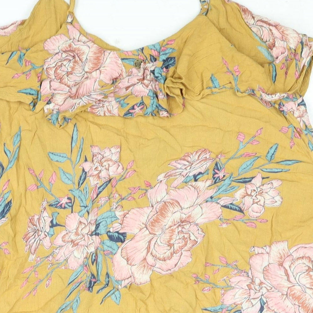 Billabong Womens Yellow Floral Viscose Mini Size XS Scoop Neck Pullover - Frill