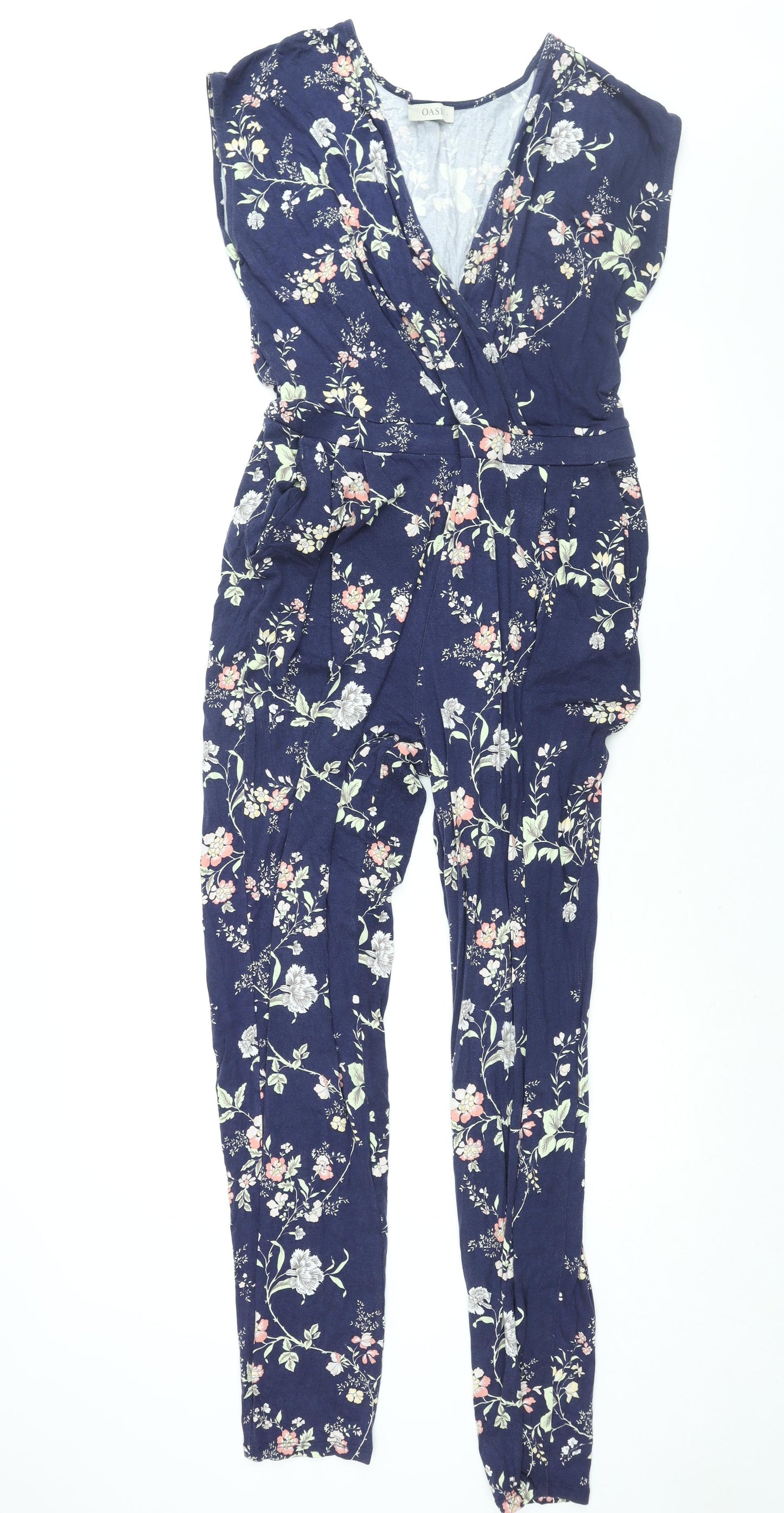 Oasis Womens Blue Floral Viscose Jumpsuit One-Piece Size L L32 in Pullover