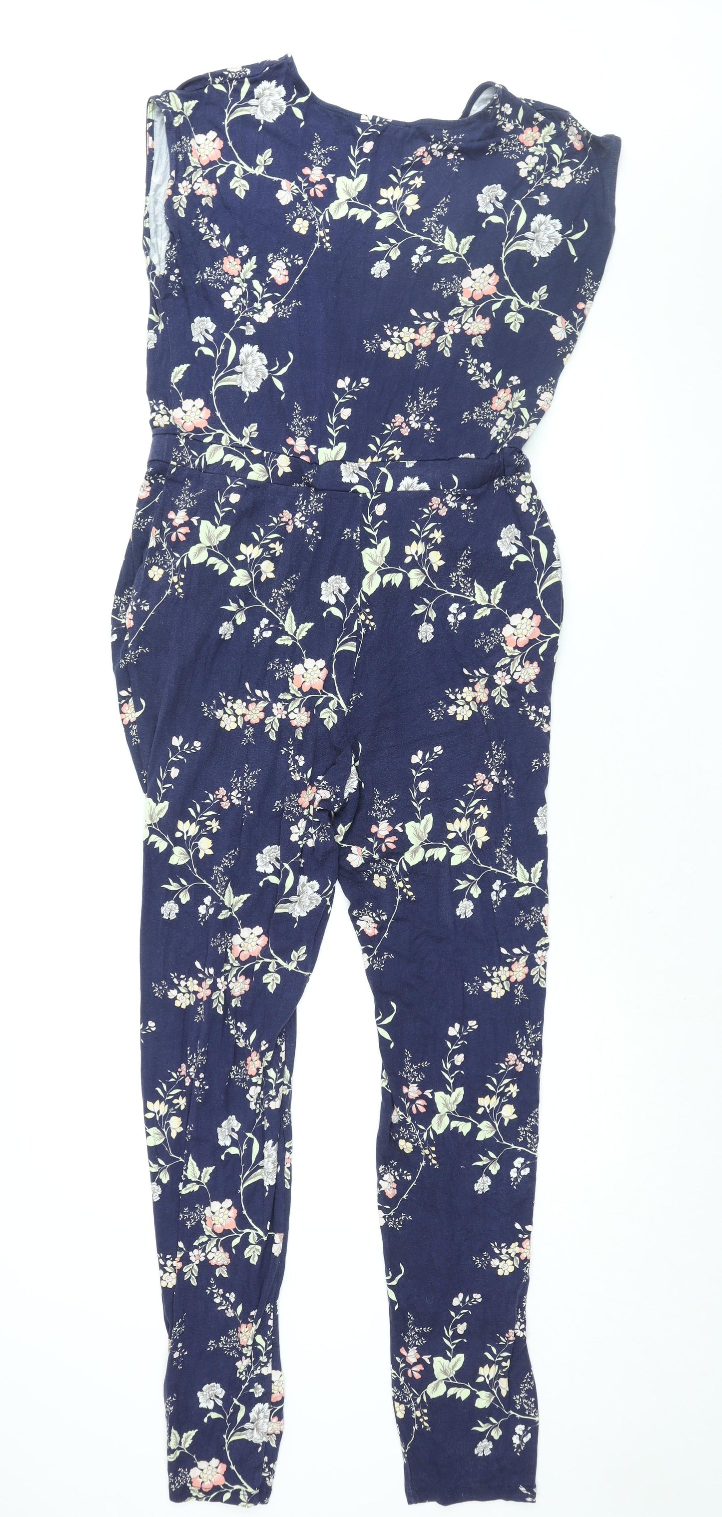 Oasis Womens Blue Floral Viscose Jumpsuit One-Piece Size L L32 in Pullover