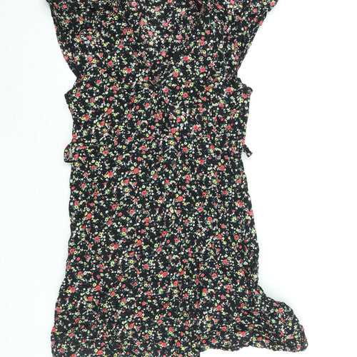 Carbon Pink Womens Black Floral Cotton Mini Size 14 V-Neck Zip - Belted Button Detail