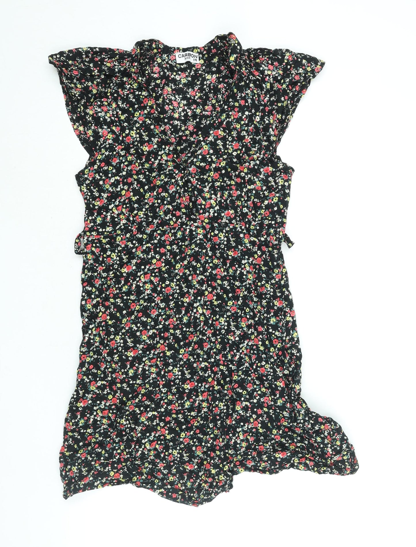 Carbon Pink Womens Black Floral Cotton Mini Size 14 V-Neck Zip - Belted Button Detail