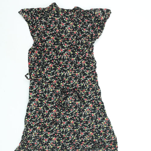 Carbon Pink Womens Black Floral Cotton Mini Size 14 V-Neck Zip - Belted Button Detail