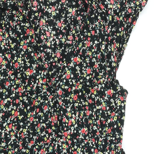 Carbon Pink Womens Black Floral Cotton Mini Size 14 V-Neck Zip - Belted Button Detail