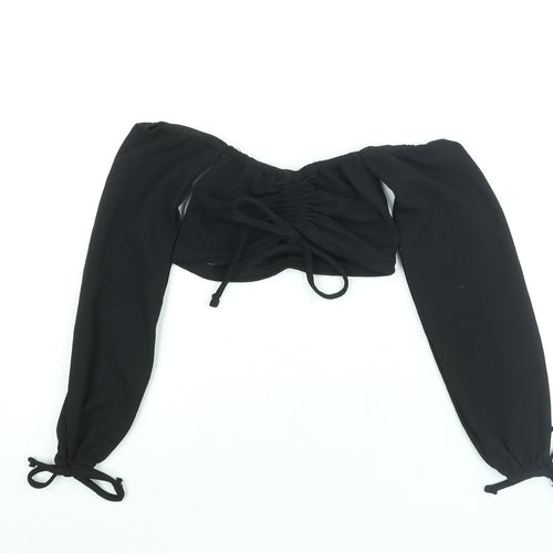 PRETTYLITTLETHING Womens Black Polyester Cropped Blouse Size 4 Off the Shoulder - Drawstring Detail