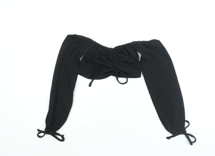 PRETTYLITTLETHING Womens Black Polyester Cropped Blouse Size 4 Off the Shoulder - Drawstring Detail