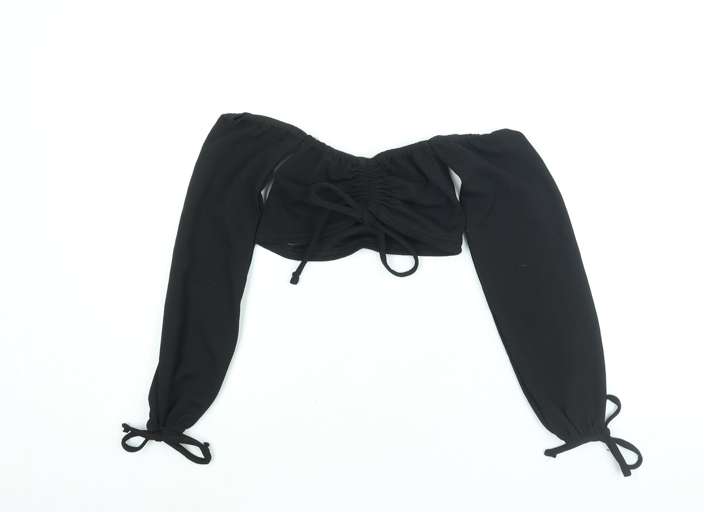 PRETTYLITTLETHING Womens Black Polyester Cropped Blouse Size 4 Off the Shoulder - Drawstring Detail