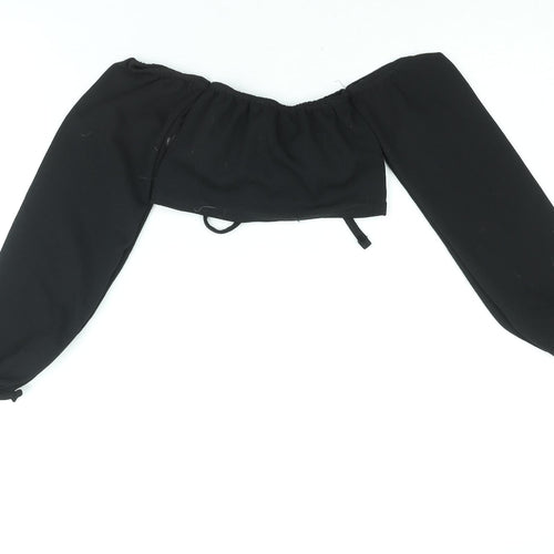 PRETTYLITTLETHING Womens Black Polyester Cropped Blouse Size 4 Off the Shoulder - Drawstring Detail