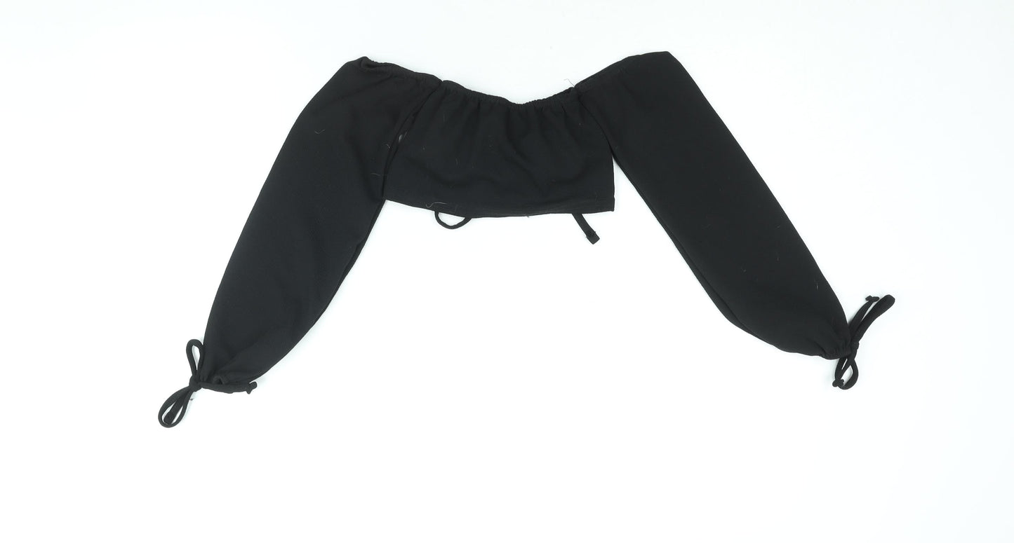 PRETTYLITTLETHING Womens Black Polyester Cropped Blouse Size 4 Off the Shoulder - Drawstring Detail