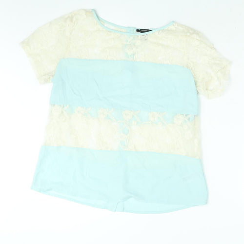 FOREVER 21 Womens Blue Colourblock Polyester Basic Blouse Size L Round Neck - Lace Panel
