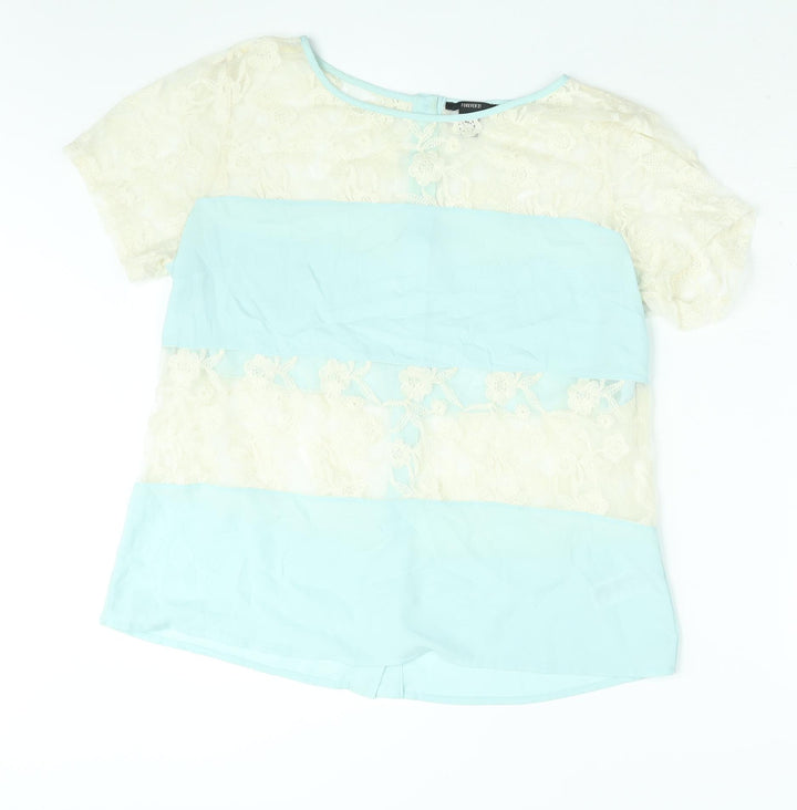 FOREVER 21 Womens Blue Colourblock Polyester Basic Blouse Size L Round Neck - Lace Panel