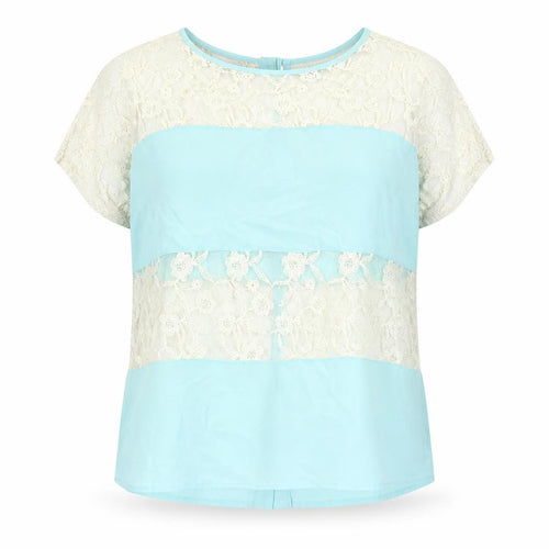 Forever 21 Womens Blue Colourblock Polyester Basic Blouse Size L Round Neck - Lace Panel