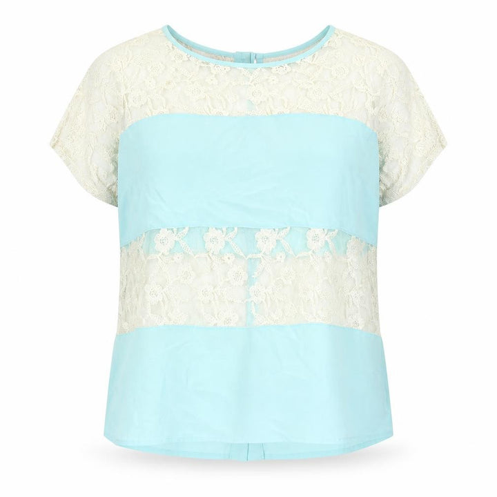 Forever 21 Womens Blue Colourblock Polyester Basic Blouse Size L Round Neck - Lace Panel