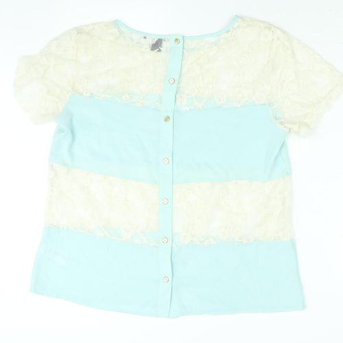 FOREVER 21 Womens Blue Colourblock Polyester Basic Blouse Size L Round Neck - Lace Panel