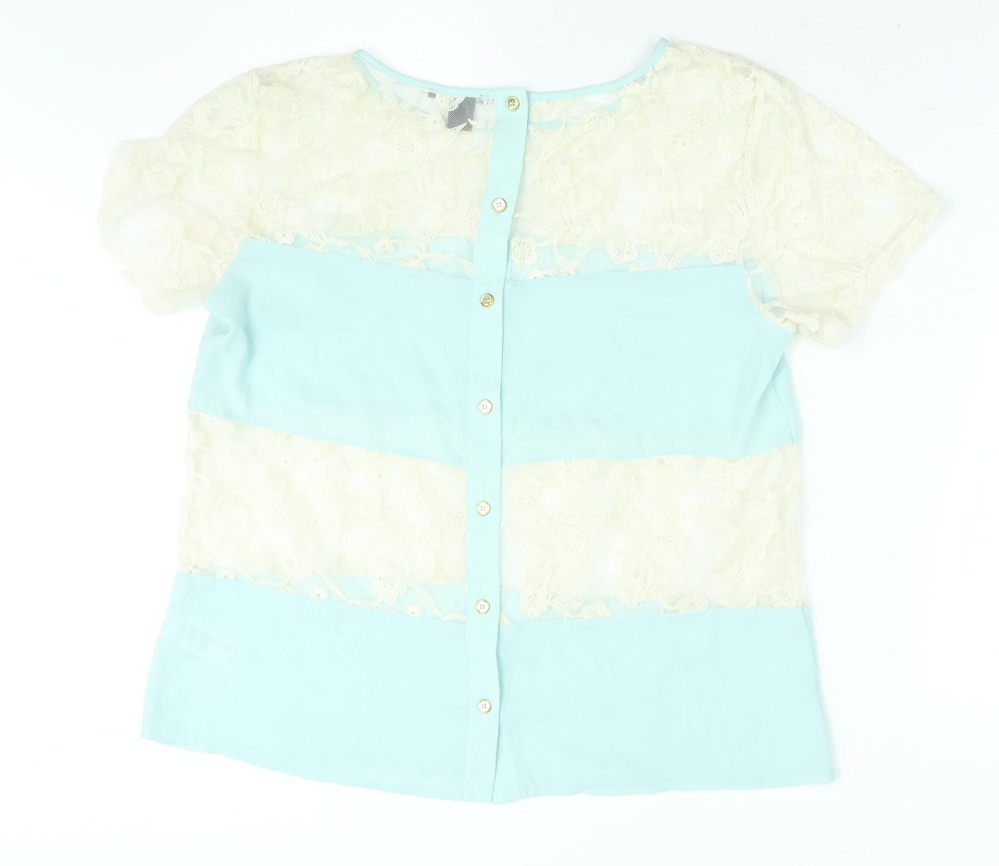 FOREVER 21 Womens Blue Colourblock Polyester Basic Blouse Size L Round Neck - Lace Panel
