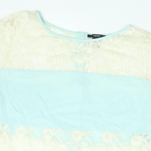 FOREVER 21 Womens Blue Colourblock Polyester Basic Blouse Size L Round Neck - Lace Panel