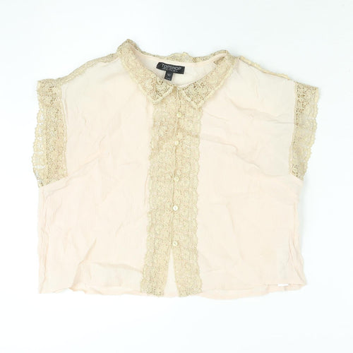 Topshop Womens Pink Viscose Cropped Blouse Size 12 Collared - Gold Lace Trim